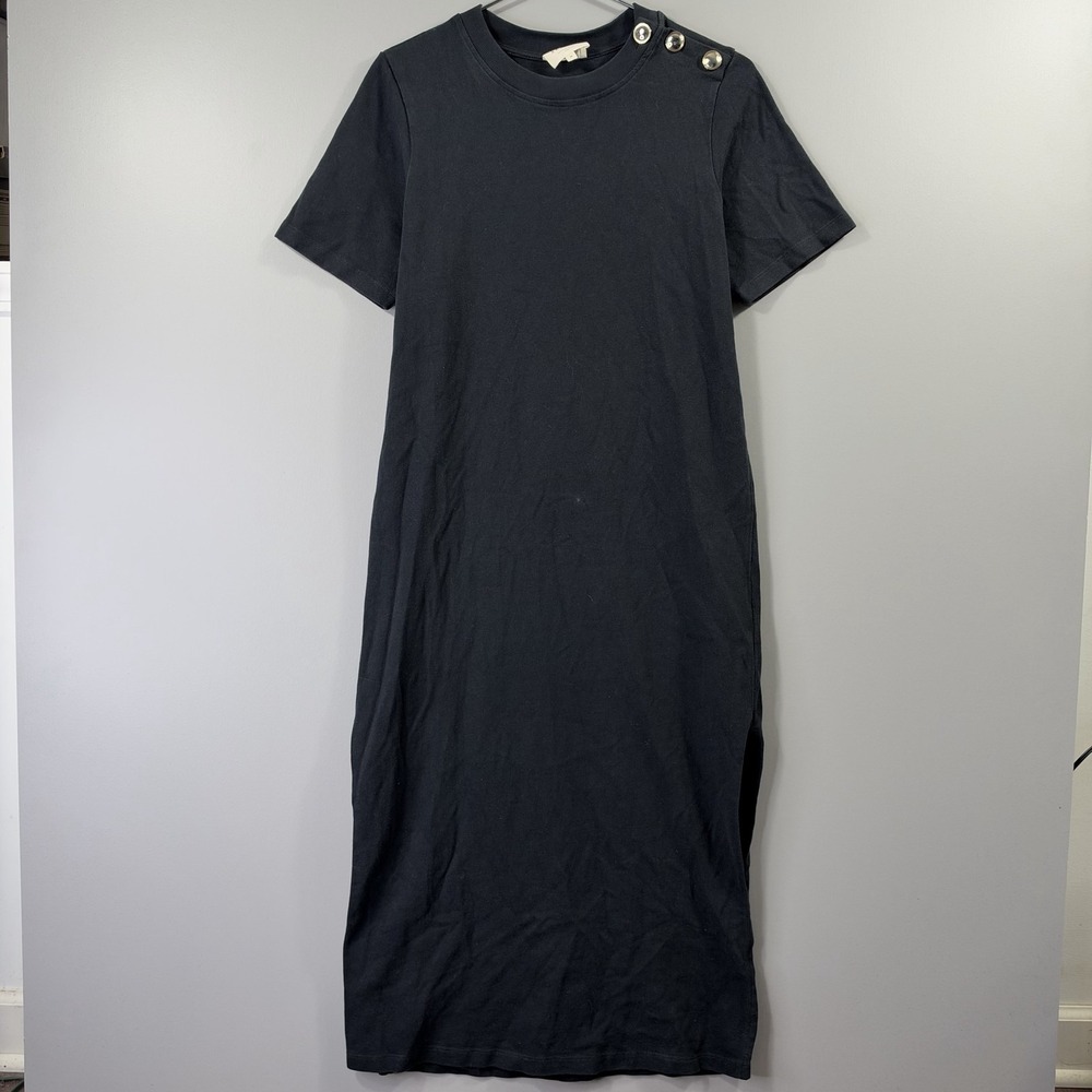 Sezane Dress Womens M Black Cotton Jersey T Shirt Midi Side Slit Buttons